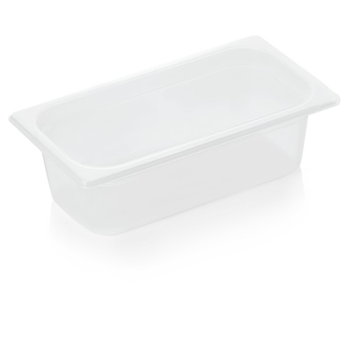 GN 1/3 Behälter, BPA frei, Deckel fest schließend, Behälter und Deckel können mit HACCP Clips farbig markiert werden, mit Skalierung.