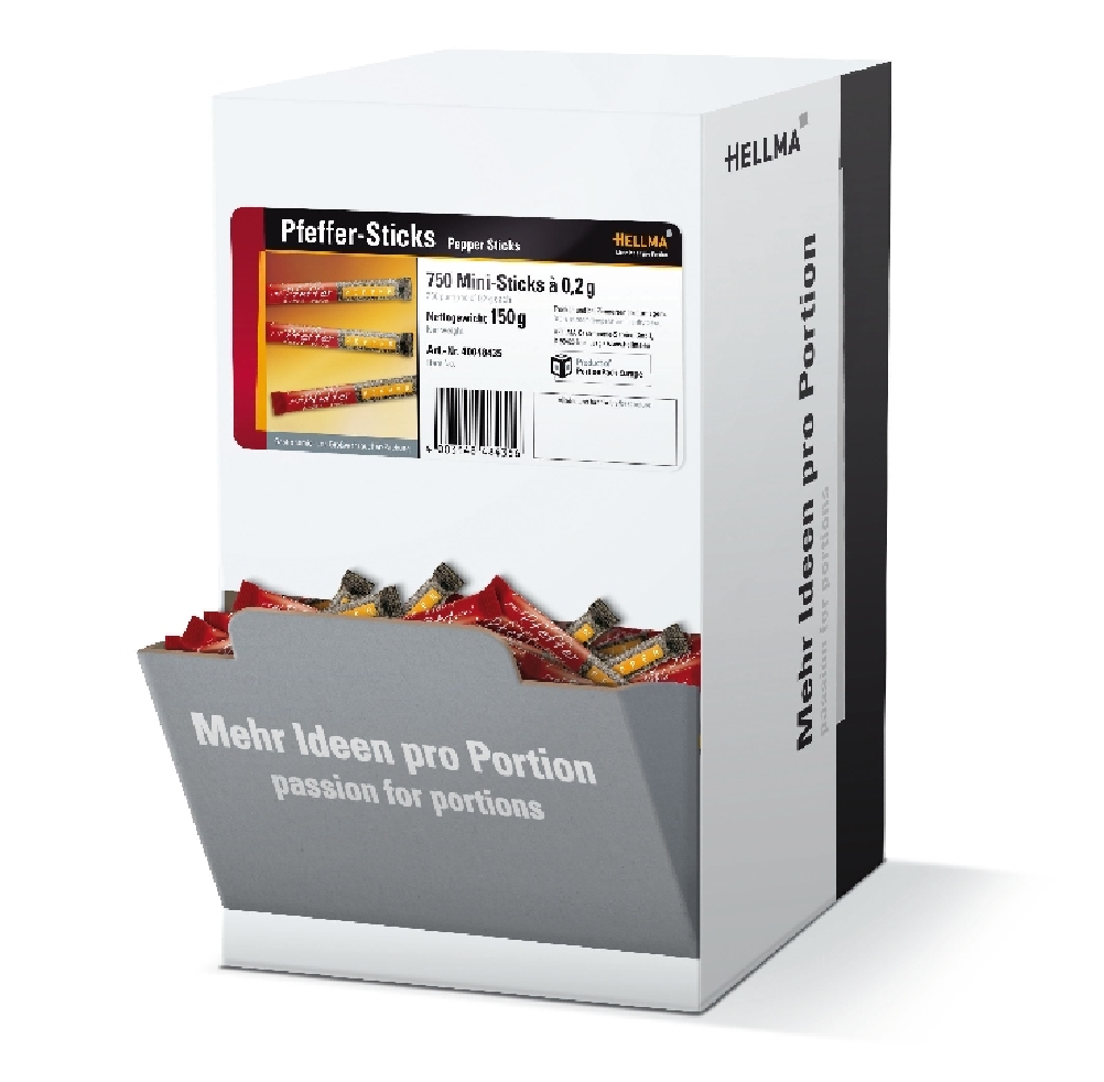 Pfeffer in hygienischer Portionspackung, 750 Sticks. Ca. 0,2 g Pfeffer pro Stick. Sehr lange haltbar.