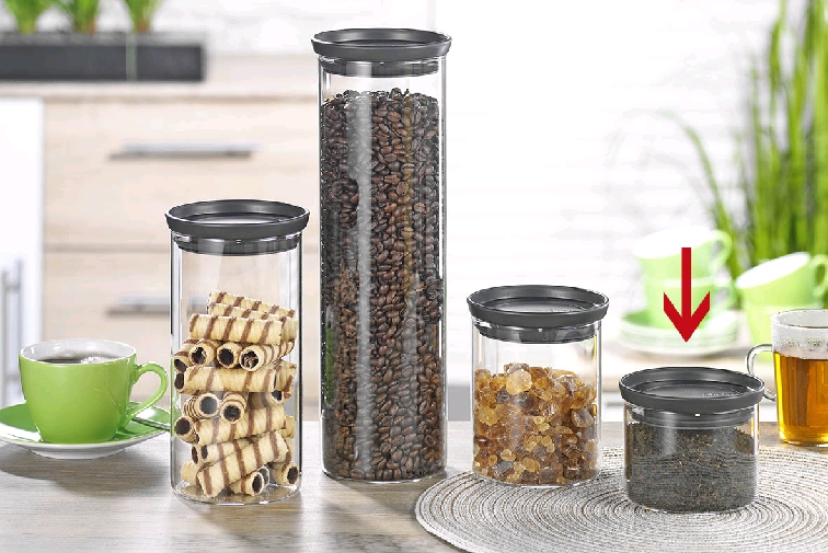 Brabantia stapelbarer Glasbehälter TOKIO, Inhalt: 0,3 Liter, Farbe Deckel: dunkelgrau, Höhe 8,5 cm, Durchmesser 10,5 cm.