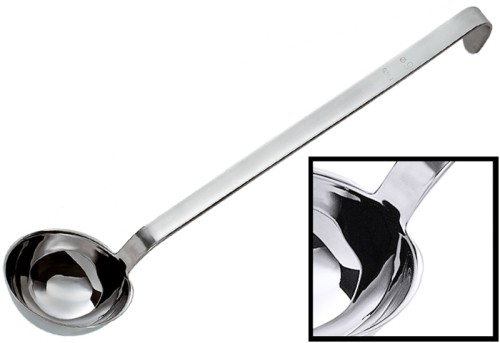 Schöpfkelle, fugenlos aus Edelstahl 18/10, hochglänzend, mit Schüttrand, mit extra breitem, seidenmatt poliertem Stiel