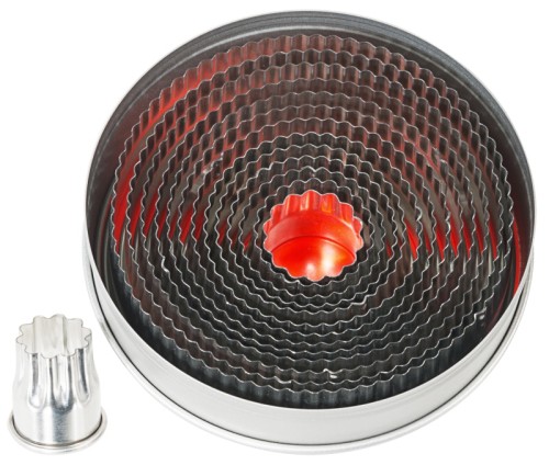 Ausstechformen, rund gewellte Form, aus Weißblech, 14 Stück komplett in der Dose (Ø 12,5 cm) Durchmesser: 20 mm - 105 mm, Höhe: 30 mm