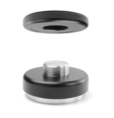 Kaffee Tamper, passend für die meisten Siebträger. Aus Edelstahl. Mit schwarzem Aluminium-Griff.
