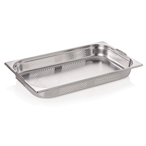 GN 1/1 Behälter, Boden- und Seitenlochung. Materialstärke 0,6 mm, mit Fallgriffen. Material: Chromnickelstahl. Serie: GN 74. Inhalt in