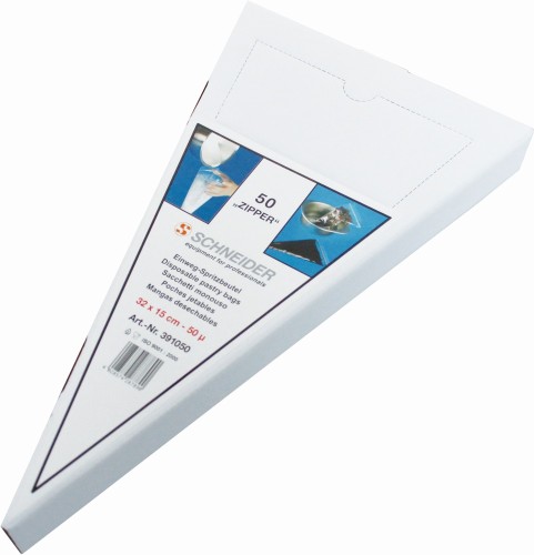 Einweg-Spritzbeutel mit ZIPPER Verschluß. 320 mm x 150 mm, 50 my. Material: CPP. hochtransparent, mit Skala, Beschriftungsfeld. und Zipper