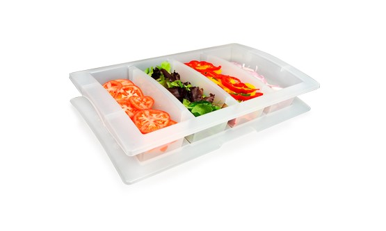 Araven Zutatenbehälter mit Deckel und 4 Fächern GN 1/1 aus Polypropylen. Spülmaschinengeeignet Maße: 530 x 325 x 100 mm