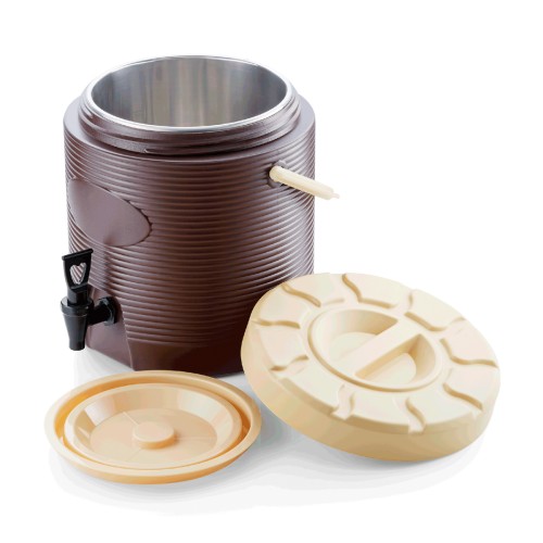 Thermogetränkebehälter, mit Schraubdeckel, Innenbehälter aus Chromnickelstahl. Material: Chromnickelstahl, Kunststoff, Polyurethan. Inhalt