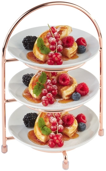 Serviergestell 18,5 x 15,5 cm, H: 26 cm Metall hartverchromt Kupfer-Look für 3 Teller innerer Ring ca. Ø 10,5 cm für Teller