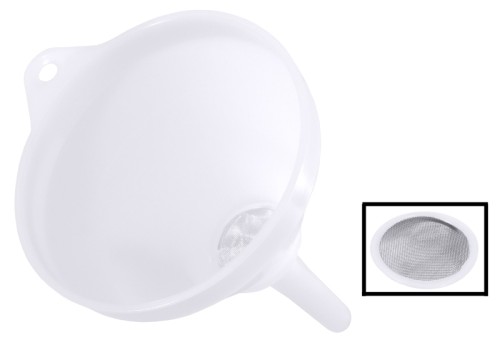 Abfülltrichter aus hochdichtem Polyethylen, mit Filtereinsatz aus Messinggeflecht, mit Aufhängeöse Durchmesser