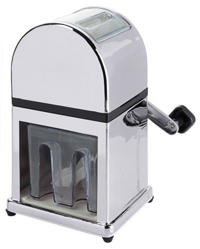 Eismühle zur Zerkleinerung von Eiswürfeln, verchromt, mit Acryl-Behälter und kleiner Eisschaufel aus Kunststoff, schwere