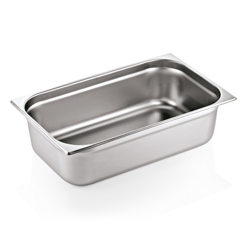 GN 1/1 Behälter, Materialstärke 0,7 mm. Material: Chromnickelstahl 18/8. Serie: GN 90. Inhalt in Litern: 20. Maße: Höhe: 150 mm