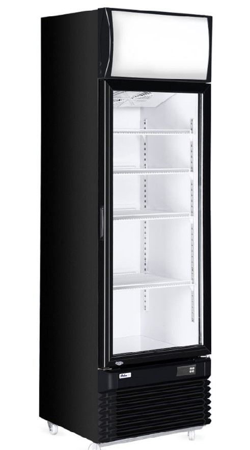 Kühlschrank 360L mit einer Glastüre. Gehäuse aus rostfreien Stahl. Dreifachverglaste Türen mit einer gehärteten Glasschicht.