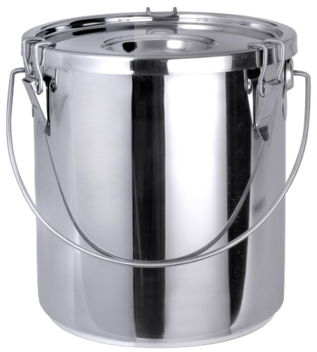 Transporteimer aus Edelstahl 18/10, hochglänzend, mit Deckel, Dichtungsring aus Silikon, mit drei Spannverschlüssen, eventueller