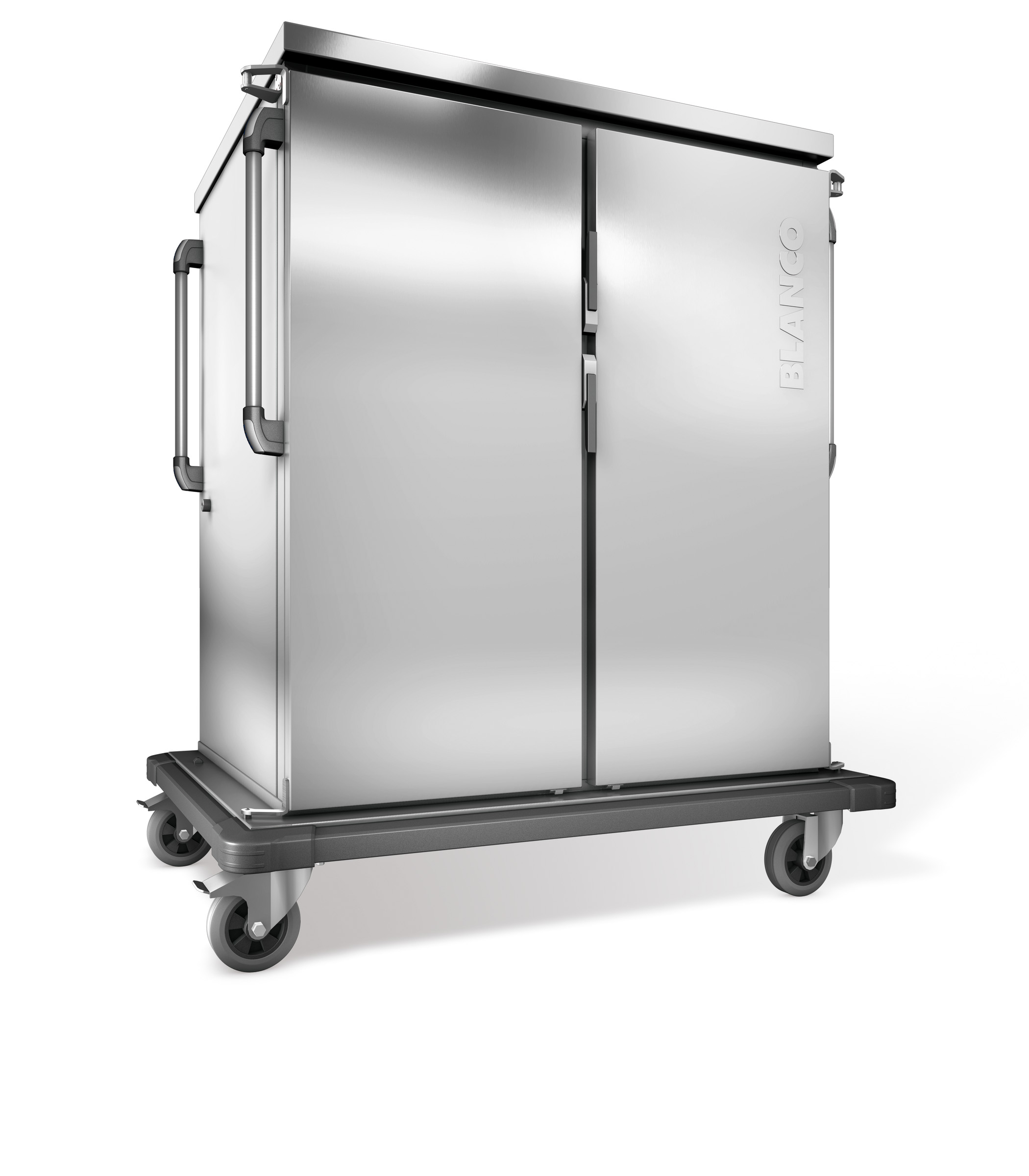 BLANCO Tablett-Transportwagen, doppelwandig, isoliert, 2 Flügeltür / 2 Schrankraum, 4 stahlverzinkte Rollen Ø 160 mm, 2 Bockrollen und