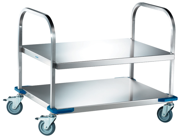 BLANCO Transport- und Ausgabewagen aus rostfreiem Edelstahl, 4 stahlverzinkte Lenkrollen Ø 125 mm, davon 2 mit Feststeller, Tragfähigkeit: 150 kg, 2
