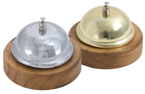 Verchromte Rezeptionsglocke mit lackiertem Holzfuß Bodendurchmesser: 9 cm, Höhe: 6,5 cm