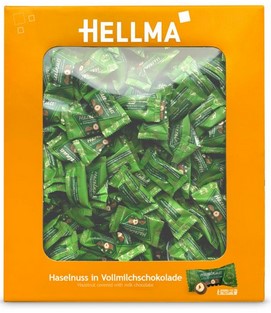 HELLMA Haselnuss Vollmilch, Inhalt. 380 Stk. Geröstete Haselnuss in Vollmilchschokolade, bestäubt mit Kakaopulver