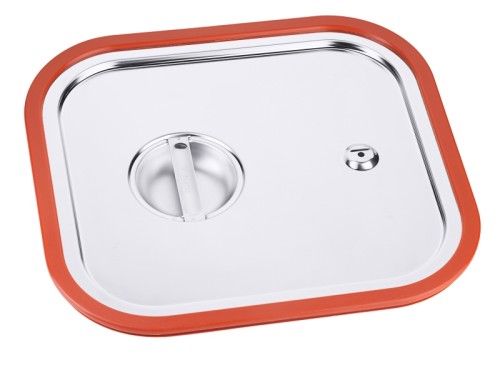 GN-Deckel mit Gummidichtung aus Edelstahl 18/10, seidenmatt poliert, mit Griffmulde und Loch gegen Unterdruck,