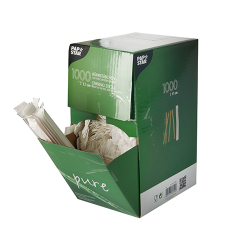 1000 Rührstäbchen, Holz "pure" 11 cm x 5 mm einzeln gehüllt von PAPSTAR