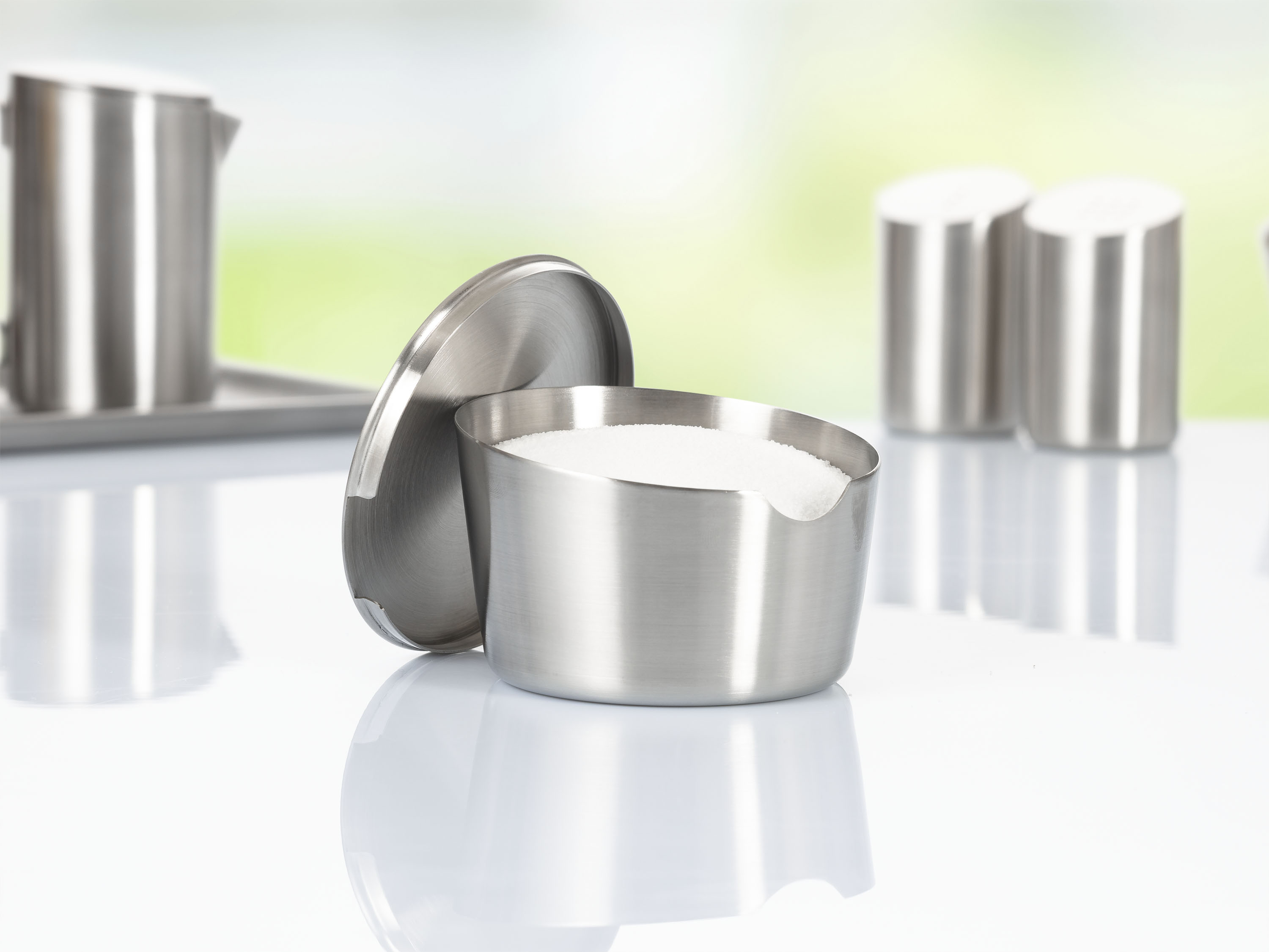 Zuckertopf mit Deckel VISTA, Durchmesser: 100 mm, Höhe: 62 mm, Inhalt: 230 g, mit gebürsteter Oberfläche,