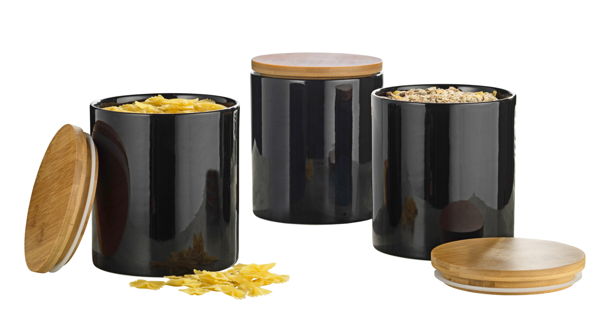 3-teiliges Vorratsdosen-Set GRENOBLE, groß, Farbe: schwarz, Durchm. x Höhe: ca. 14 x 16 cm, Porzellan mit Bambusdeckel inkl. Silikondichtung.