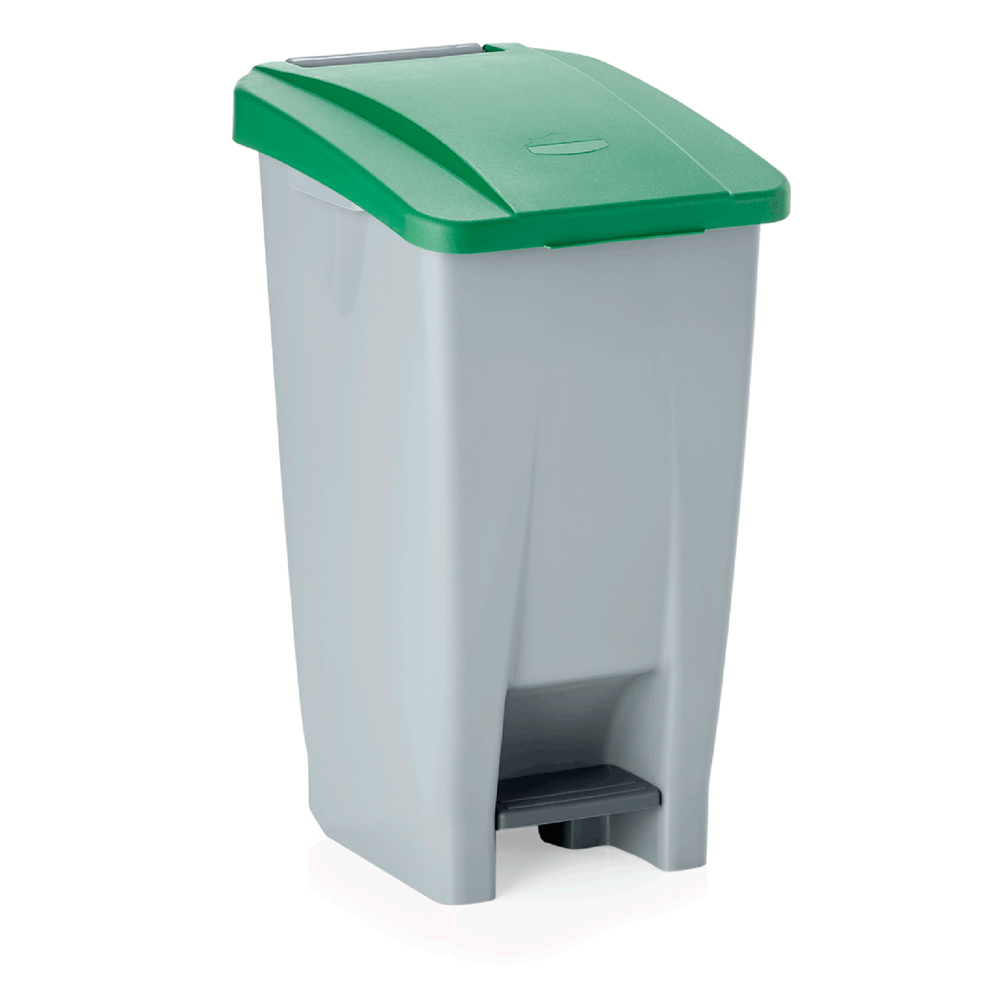 Tretabfallbehälter mit 2 Rollen, Farbe: grau mit grünem Deckel. Kapazität: 60 L.