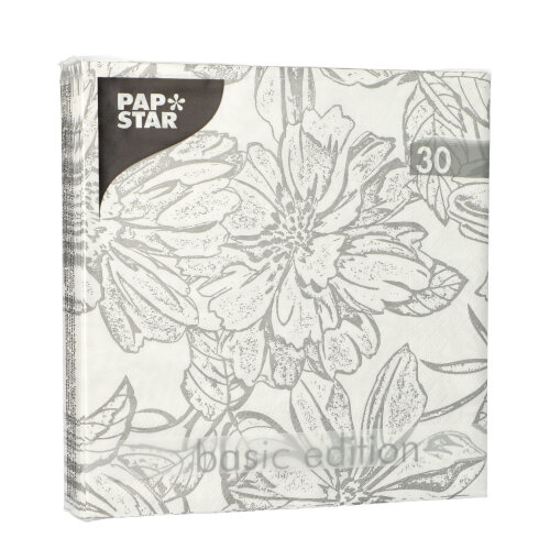 30 Servietten, 3-lagig 1/4-Falz 33 cm x 33 cm "Grey Flowery" von PAPSTAR