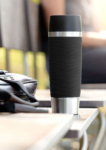 Emsa Travel Mug Wave-Design Thermobecher/Isolierbecher, 0,5 Liter, hält 6h heiß/ 12h kalt, 100 % dicht, schwarz
