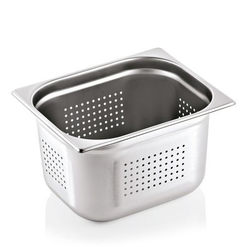 GN 1/2 Behälter, Boden- und Seitenlochung. Materialstärke 0,7 mm. Material: Chromnickelstahl 18/8. Serie: GN 91. Inhalt in Litern: 11,5.
