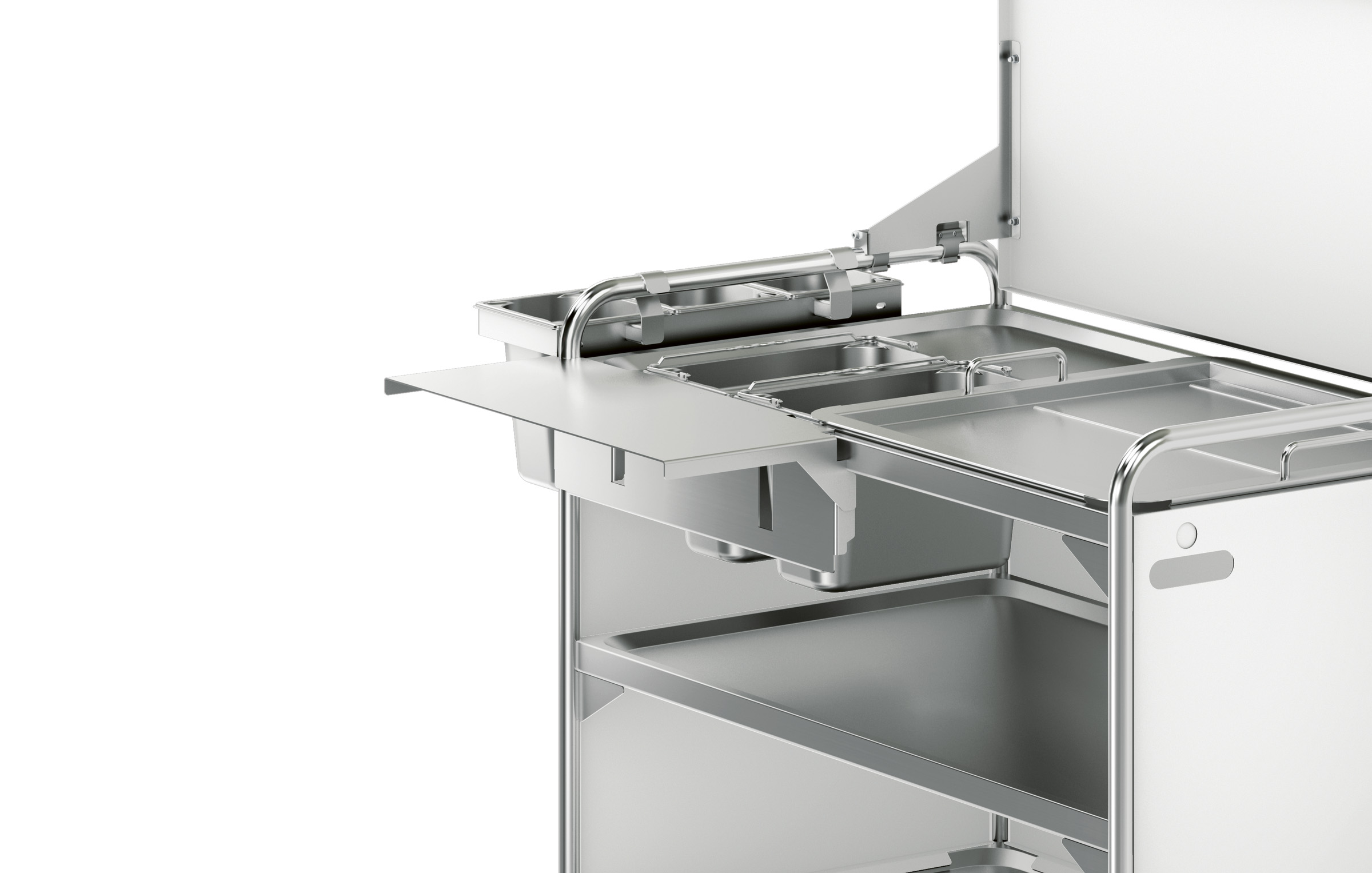 BLANCO Ablagebord aus rostfreiem Edelstahl für Tabletts, zum Einhängen auf Standard- oder Kinderhöhe. Durch Umdrehen lässt es sich