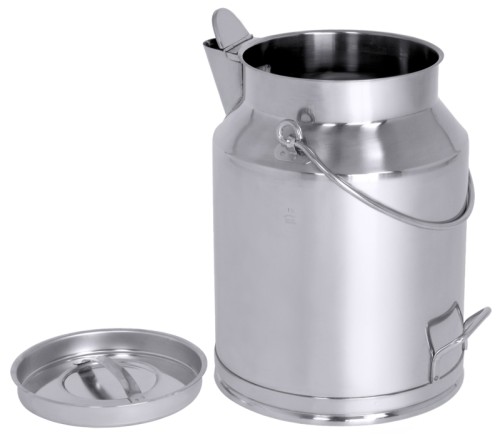 Transportkanne aus Edelstahl 18/10, seidenmatt glänzend, mit Deckel, Ausgussschnaupe, Bodenring, Tragebügel und Griff, extra schwere