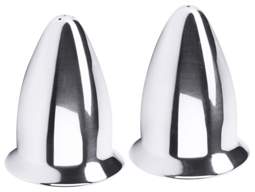 Salz-/Pfefferstreuer   Set à 2 Stück, aus Edelstahl 18/10, hochglänzend, mit Kunststoff-Stöpsel in der Bodenfläche