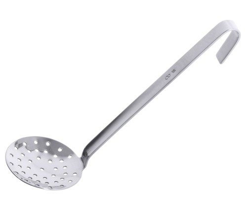 Schaumlöffel, fugenlos aus Edelstahl 18/10, hochglänzend, flache Form, mit 4 mm Lochung, schwere Qualität Durchmesser: 16 cm,