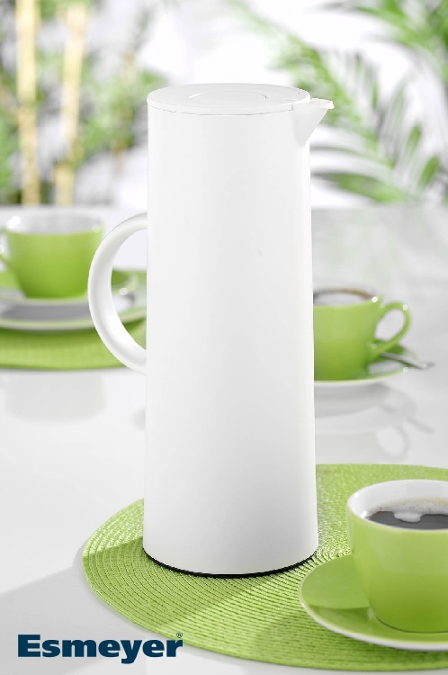 Isolierkanne "MANHATTAN", Inhalt 1 Liter, weiß, mit Glas-Isoliereinsatz, mit praktischer Druck- taste für einfaches Öffnen mit einer Hand,