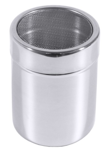 Gewürzdose/Streuer mit Netz aus Edelstahl 18/10, hochglänzend, Deckel mit Bajonettverschluss, mit Kunststoffkappe für