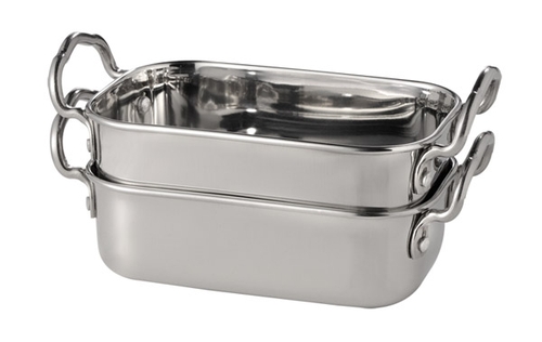 Mini-Servierpfanne 14,5 x 9,5 cm, H: 4,5 / 7,5 cm Edelstahl, Griffe je 1,5 cm 0,5 Liter -SNACKHOLDER- spülmaschinengeeignet