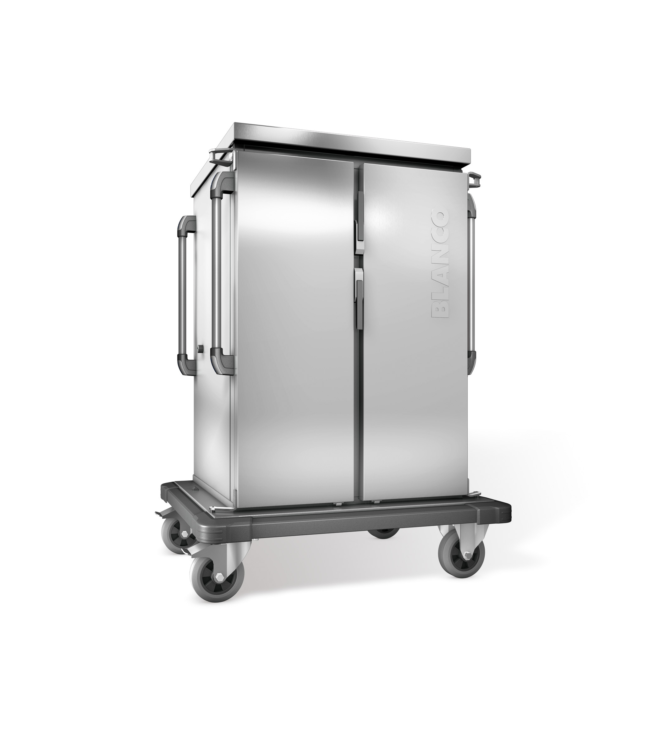 BLANCO Tablett-Transportwagen, doppelwandig, isoliert, 2 Flügeltüren / 2 Schrankräume, 4 stahlverzinkte Rollen Ø 160 mm, 2 Bockrollen und 2
