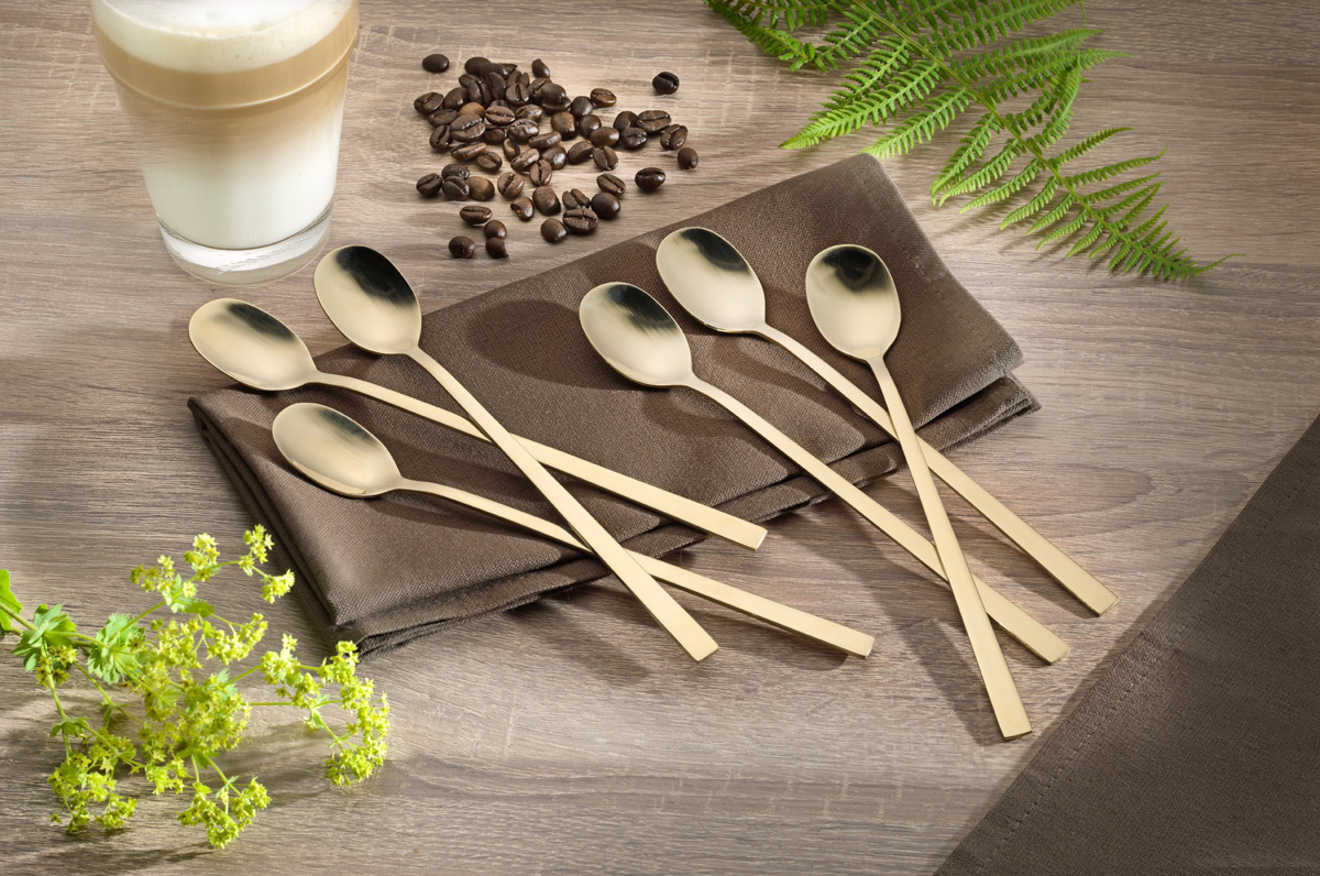 6er Pack Langstiellöffel MELINA, Edelstahl, mit PVD-Beschichtung, Farbe: Champagner. Edelstahl 18/10, poliert, Materialstärke: 2.0 mm