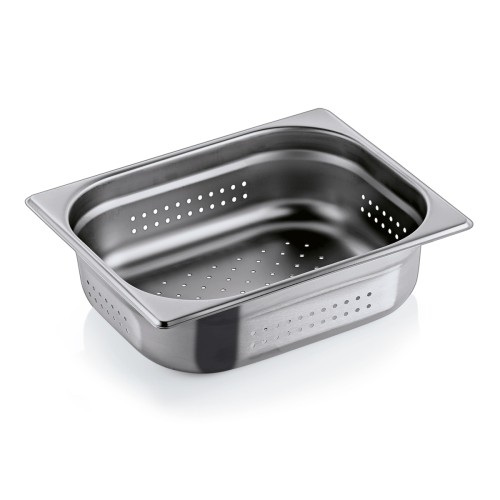 GN 1/2 Behälter, Boden- und Seitenlochung. Materialstärke 0,7 mm. Material: Chromnickelstahl 18/8. Serie: GN 91. Inhalt in Litern: 6,5.