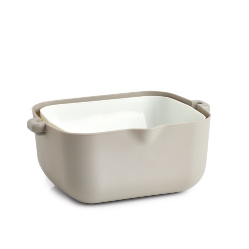 Abgiess-Sieb, Kunststoff, grau/weiß. Länge: 295 mm. Breite: 230 mm. Höhe: 123 mm