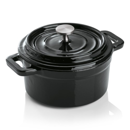 Cocotte, Emailliert, Deckel mit Edelstahlgriff. Material: Edelstahl, Gusseisen. Durchmesser: 10 cm. Farbe: schwarz. Maße: Höhe: 65 mm