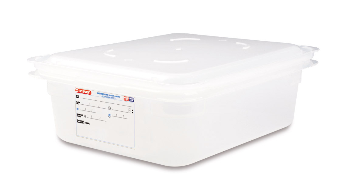 ARAVEN stapelbarer Behälter mit Deckel GN 1/2 100mm Höhe und 6 Liter Fassungsvermögen, durchsichtig