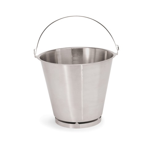 Eimer, mit offenem Bodenreifen, Henkelhalterung fugenlos. Material: Chromnickelstahl. Inhalt in Litern: 15. Maße: Höhe: 360 mm