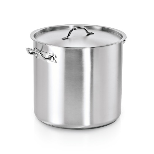 Suppentopf mit Deckel, mit Kapselboden und angenieteten Kaltgriffen. Material: Chromstahl 18/0. Inhalt in Litern: 34. Durchmesser: 36 cm.