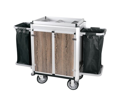 Zimmerservicewagen. 2 Wäschesäcke, helle Kantenprofile & dunkle Holzoptik. Kantenprofile