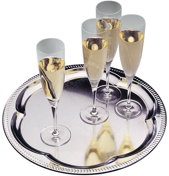 Partyplatte, rund Ø 35 cm, Metall vernickelt und glanzverchromt Innenfläche ziseliert Rand eingerollt nicht