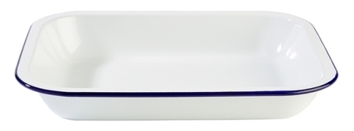 Schale -ENAMELWARE- 28 x 23 cm, H: 4,5 cm emailliertes Stahlblech innen: weiß außen: weiß Rand: blau 1,9 Liter