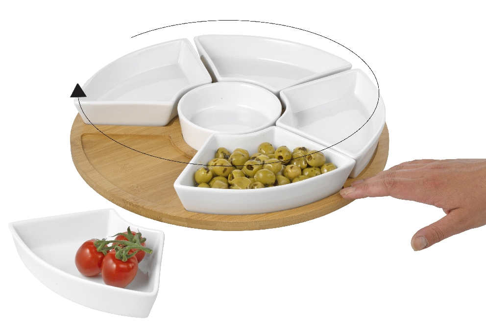 Servierset SUSAN, 7- tlg., drehbares Tablett aus Bambus-Holz - Durchmesser 34,5 cm, mit 6 Schalen aus weissem Porzellan.