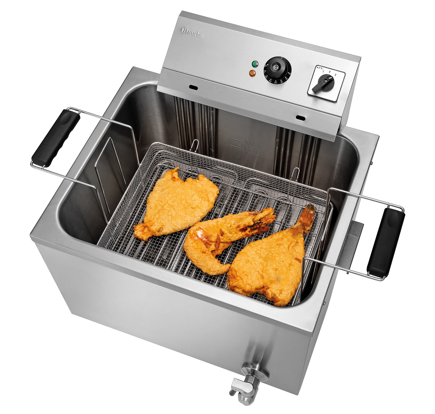 Bartscher Fritteuse GRANDE 50L | Eigenschaften: Abgerundete Ecken ,Ablasshahn mit Sicherheitsvorrichtung | Maße: 65 x 63 x 460 cm.