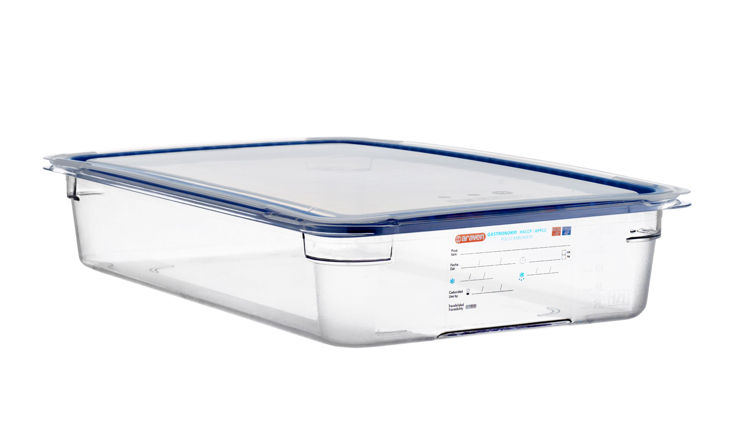 ARAVEN luftdichter Polycarbonat Behälter GN 1/1 100mm Höhe und 10,9 Liter Fassungsvermögen, durchsichtig