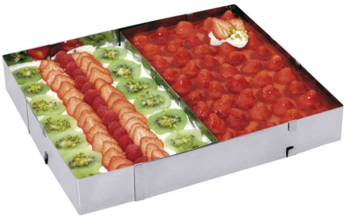 Tortenrahmen, rechteckig aus Edelstahl 18/0, stufenlos verstellbar in Länge und Breite, ein entnehmbares Zwischenblech kann als Teiler